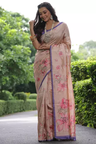 cream tussar silk blend floral printed saree with blouse