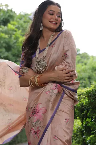 cream tussar silk blend floral printed saree with blouse