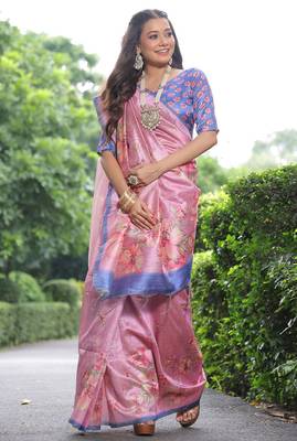 pink tussar silk blend floral printed saree with blouse 1