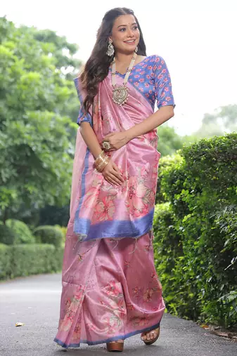 Pink tussar silk floral printed saree with blouse