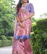Pink tussar silk floral printed saree with blouse