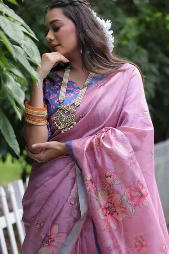 pink tussar silk blend floral printed saree with blouse