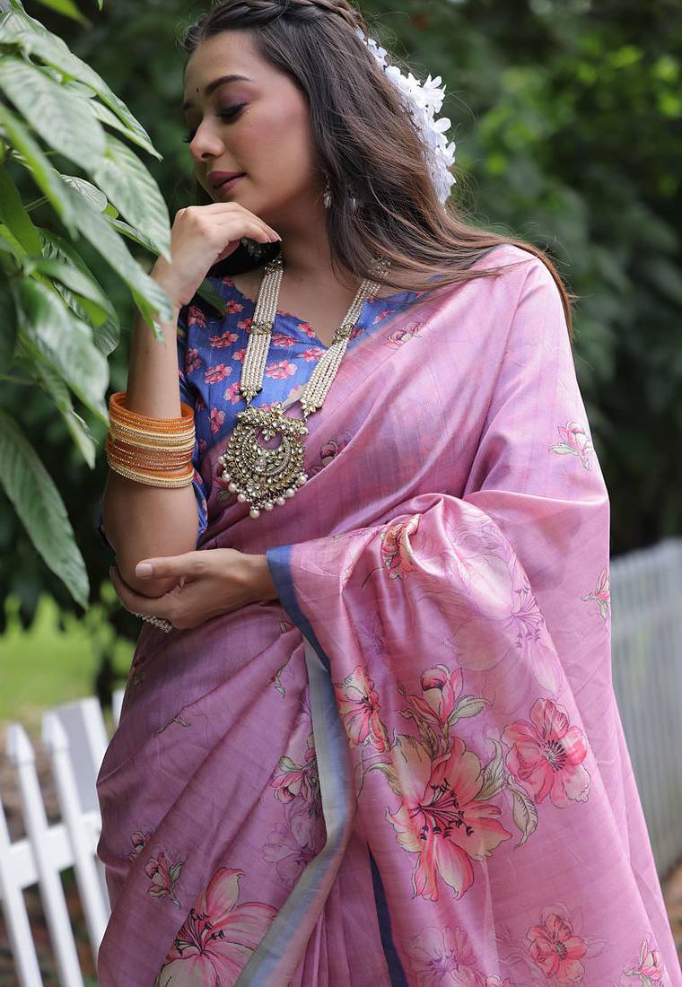 Pink tussar silk floral printed saree with blouse