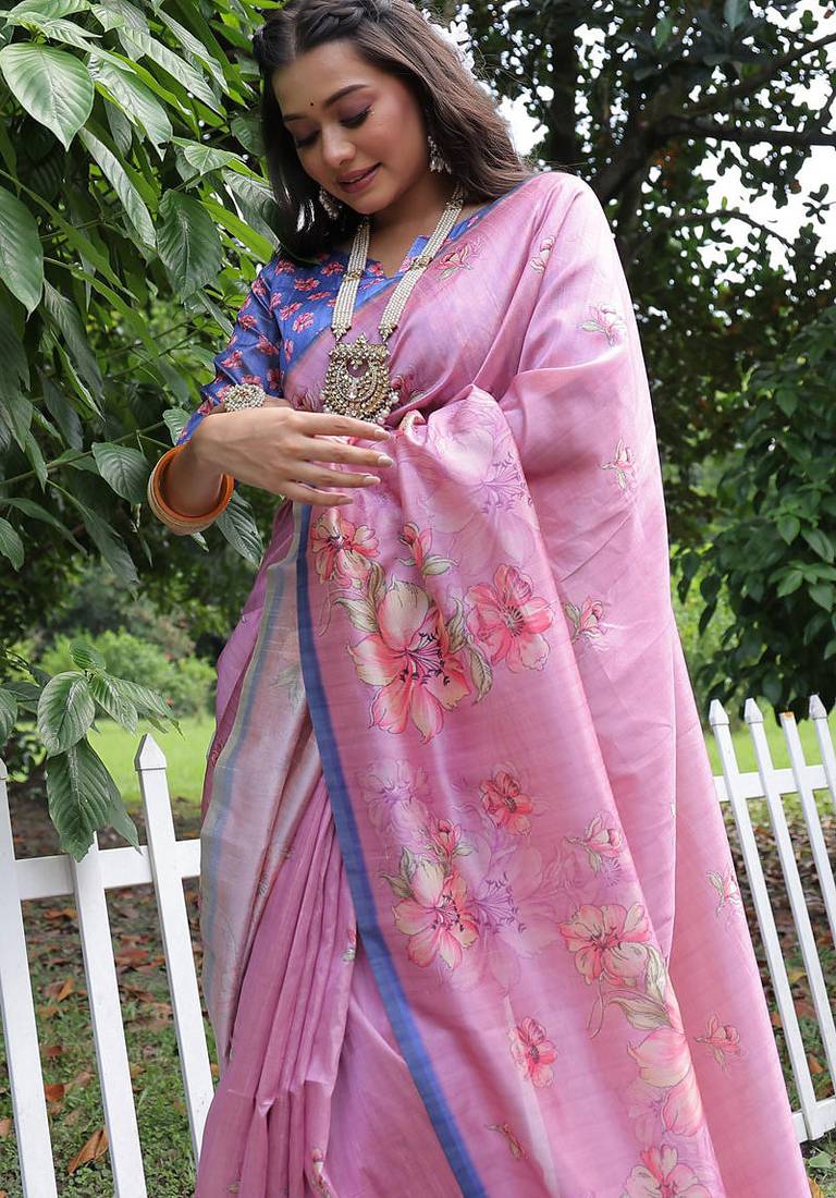 Pink tussar silk floral printed saree with blouse