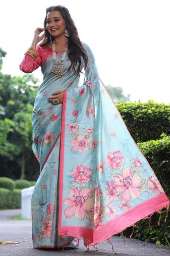 Sky blue tussar silk floral printed saree with blouse
