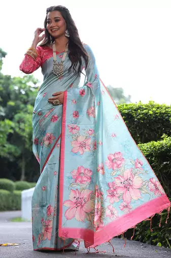 sky blue tussar silk blend floral printed saree with blouse