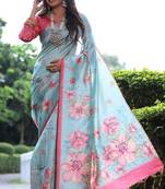 Sky blue tussar silk floral printed saree with blouse