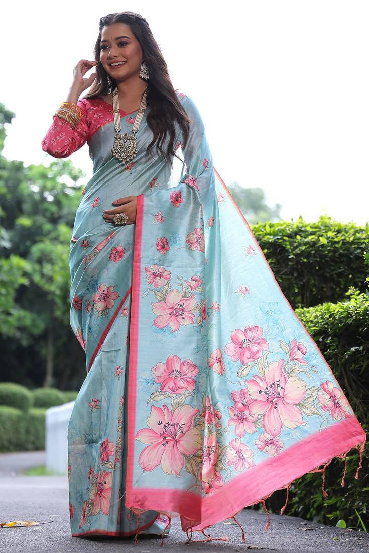 Sky blue tussar silk floral printed saree with blouse