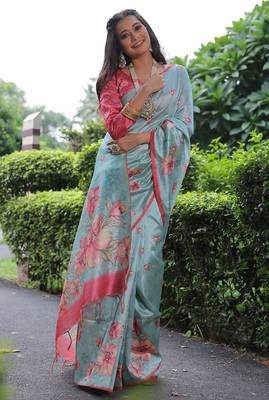 sky blue tussar silk blend floral printed saree with blouse 2