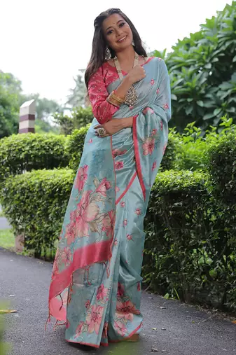 sky blue tussar silk blend floral printed saree with blouse