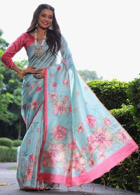 sky blue tussar silk blend floral printed saree with blouse 3