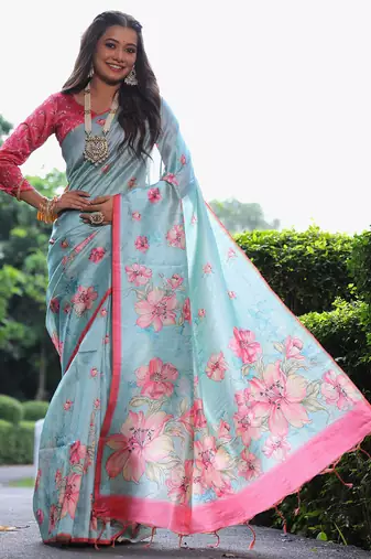 sky blue tussar silk blend floral printed saree with blouse