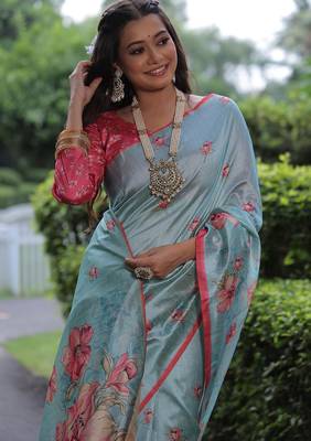 sky blue tussar silk blend floral printed saree with blouse 4