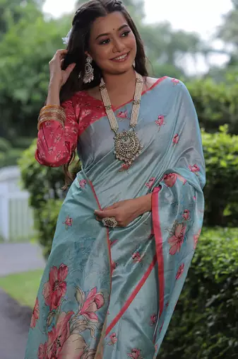sky blue tussar silk blend floral printed saree with blouse
