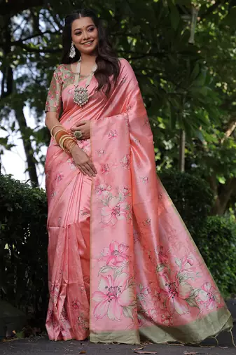 peach tussar silk blend floral printed saree with blouse