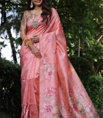 Peach tussar silk floral printed saree with blouse