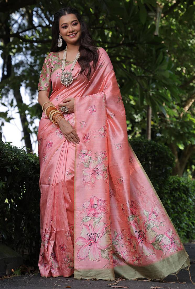 Peach tussar silk floral printed saree with blouse
