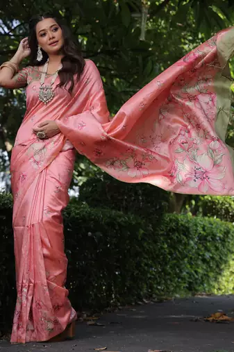peach tussar silk blend floral printed saree with blouse