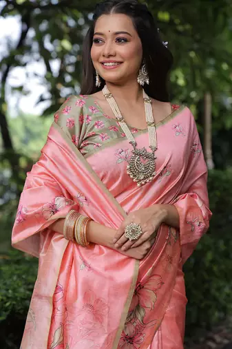peach tussar silk blend floral printed saree with blouse