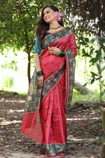 Red tussar silk printed saree with blouse
