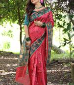Red tussar silk printed saree with blouse