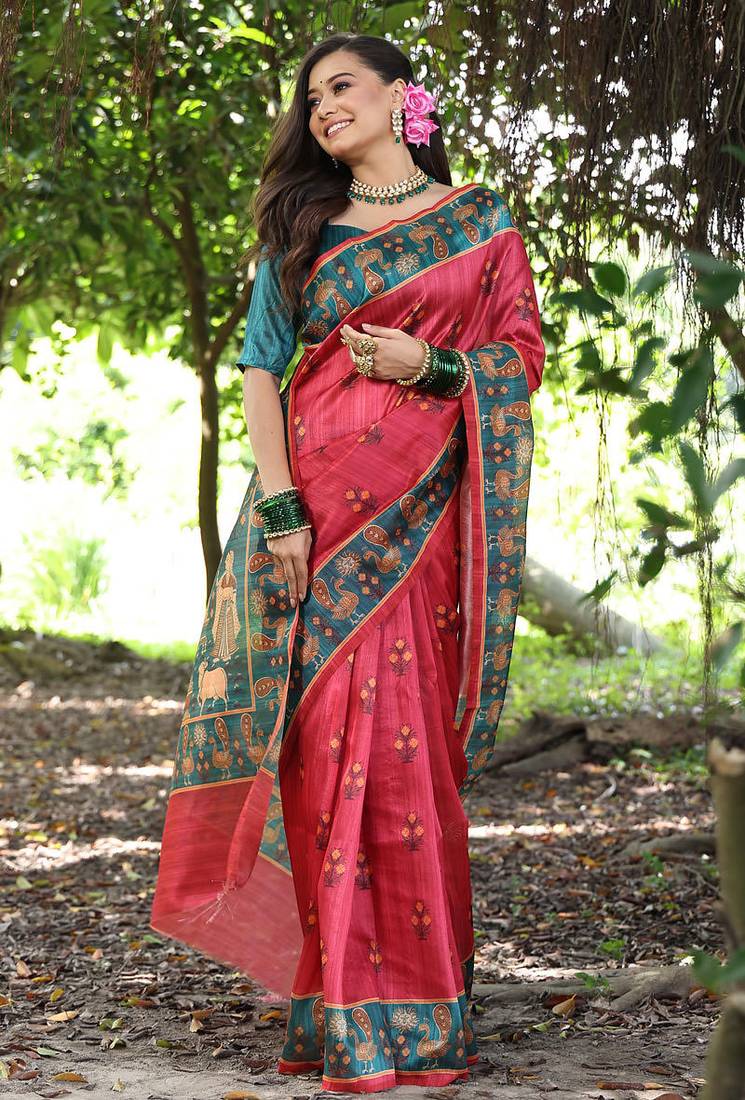 Red tussar silk printed saree with blouse
