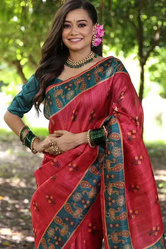 red tussar silk blend printed saree with blouse