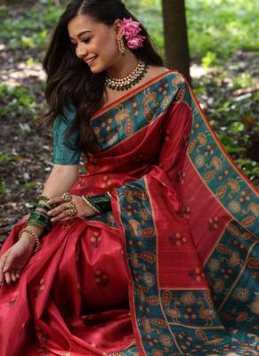 red tussar silk blend printed saree with blouse 3