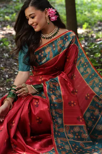 red tussar silk blend printed saree with blouse