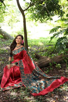 red tussar silk blend printed saree with blouse 4