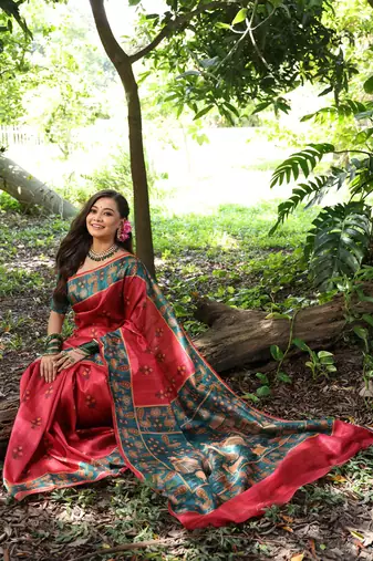 red tussar silk blend printed saree with blouse