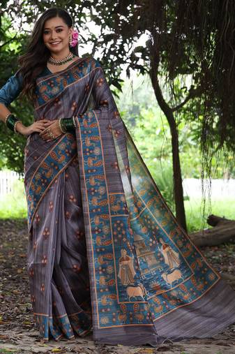 grey tussar silk blend printed saree with blouse