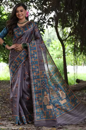 Grey tussar silk printed saree with blouse