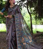 Grey tussar silk printed saree with blouse