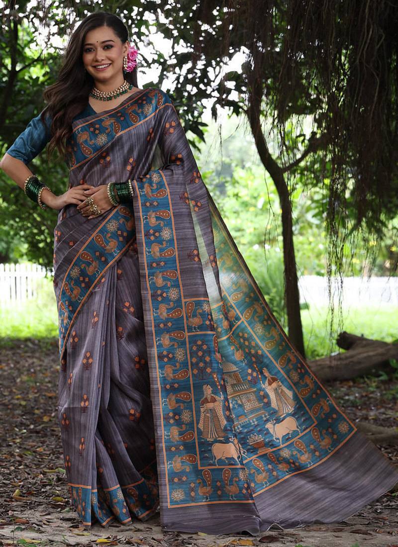 Grey tussar silk printed saree with blouse
