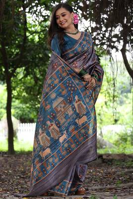 grey tussar silk blend printed saree with blouse 2