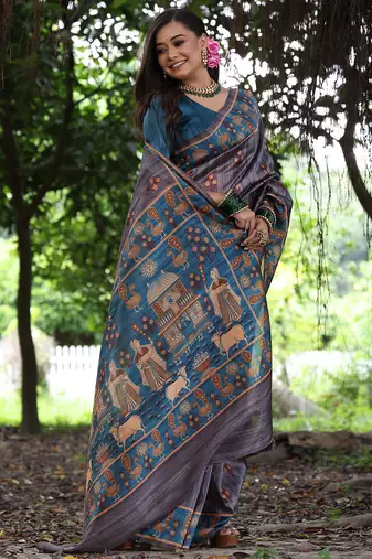 grey tussar silk blend printed saree with blouse