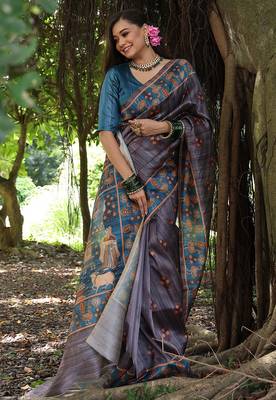 grey tussar silk blend printed saree with blouse 3