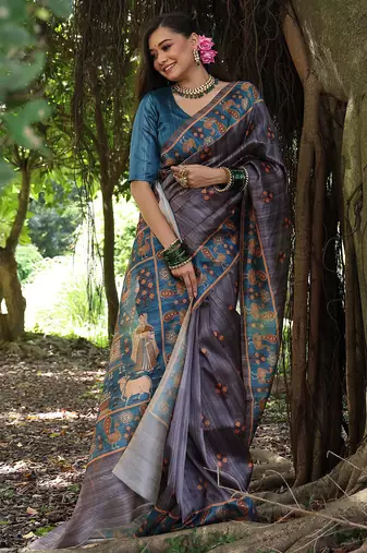 grey tussar silk blend printed saree with blouse