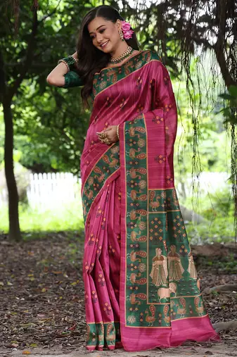 rani pink tussar silk blend printed saree with blouse
