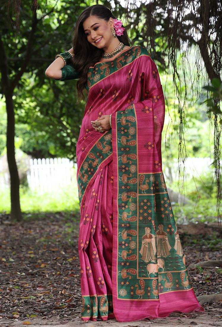 Rani pink tussar silk printed saree with blouse