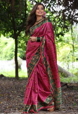 rani pink tussar silk blend printed saree with blouse 2