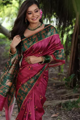 rani pink tussar silk blend printed saree with blouse