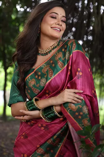 rani pink tussar silk blend printed saree with blouse