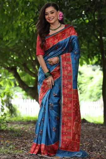blue tussar silk blend printed saree with blouse