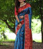 Blue tussar silk printed saree with blouse