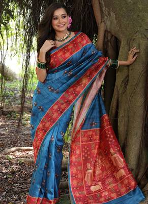 blue tussar silk blend printed saree with blouse 2