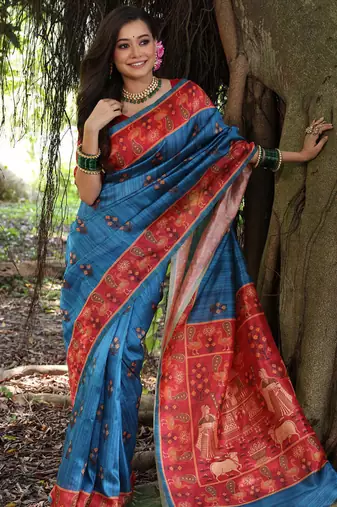 blue tussar silk blend printed saree with blouse