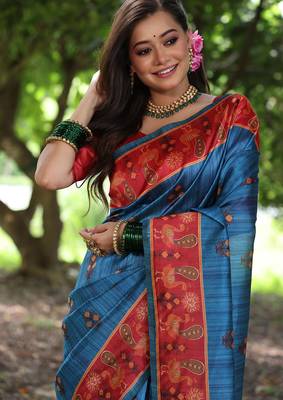 blue tussar silk blend printed saree with blouse 3