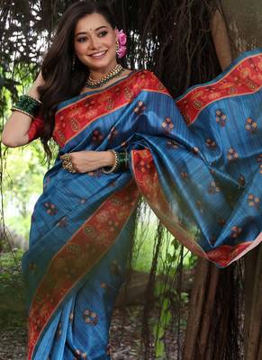 blue tussar silk blend printed saree with blouse 4